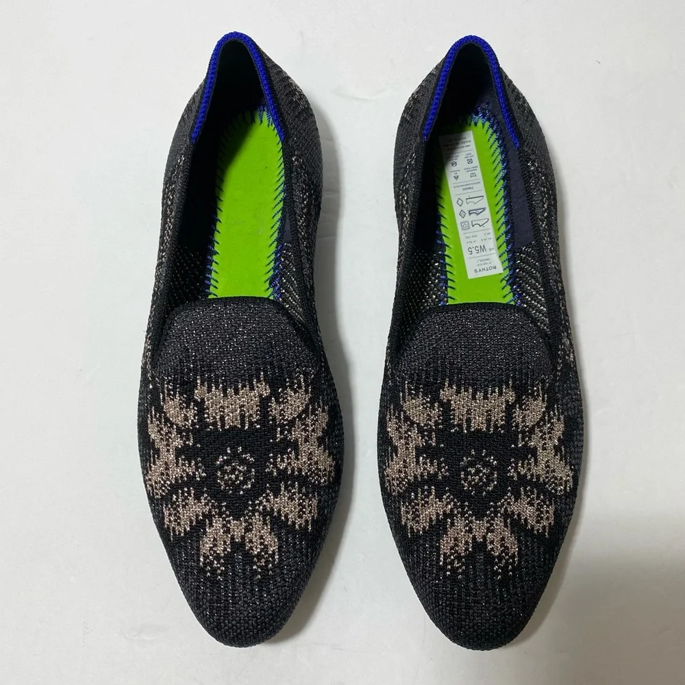 Rothy's Women's Black Grey Metallic Shiny Floral Almond Toe Loafers Flats Sz 5.5